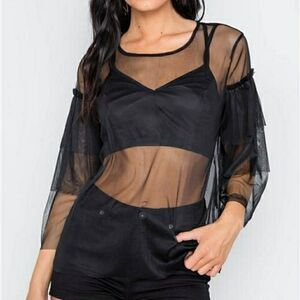 Rainbow Black Sheer Mesh Ruffle Sleeve Flowy One Piece Overlay Top Size Medium